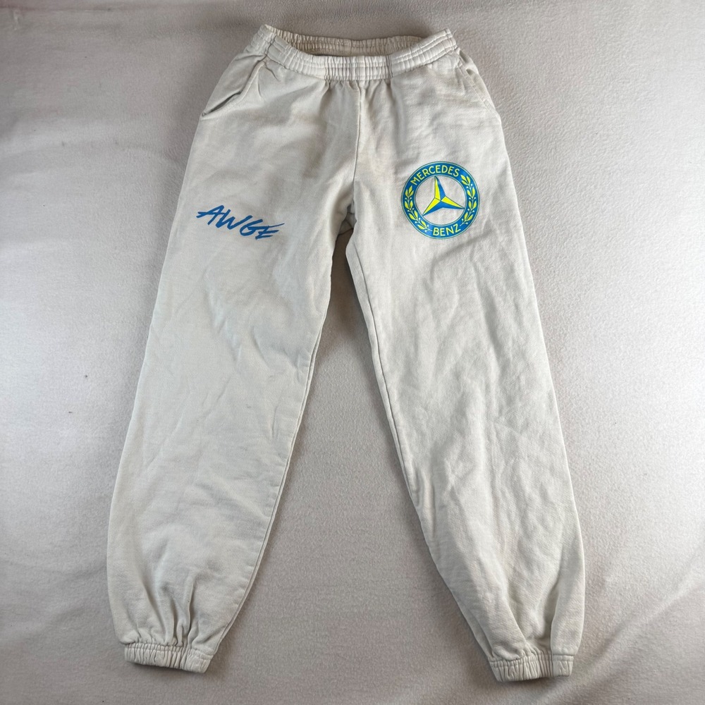 AWGE Mercedes Benz Logo Sweatpants Cream Off-White Joggers Mens Small USA Made
